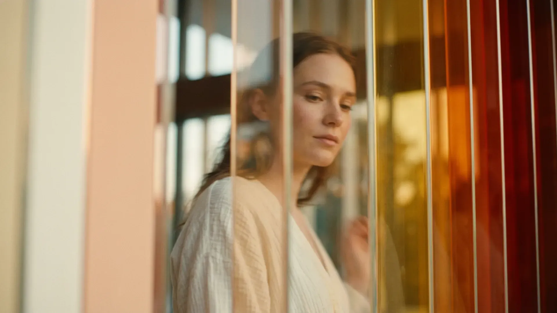 Portrait of a woman seen through reflective glass panels in warm window light