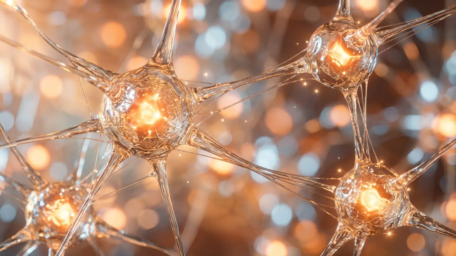 Glowing orange centers connected by delicate glass-like strands in an abstract neural network