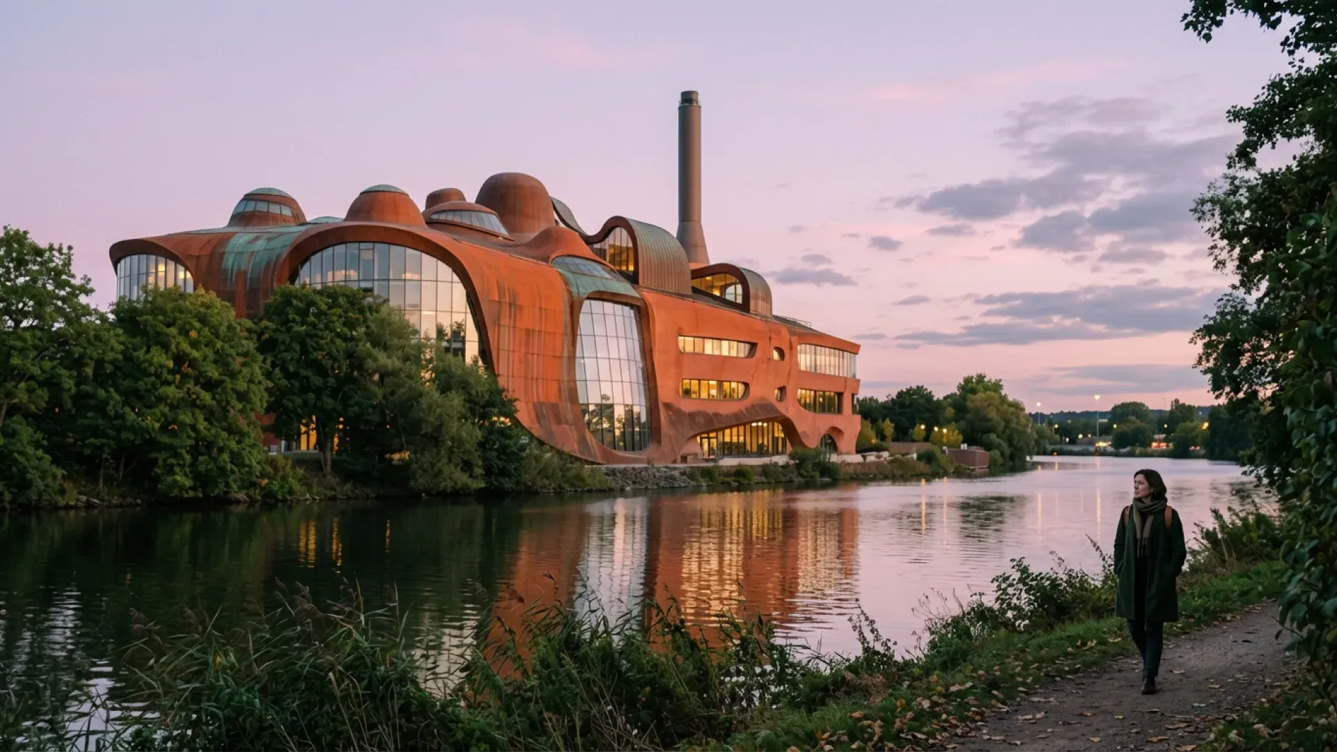 Curved brick building reflected in a river at sunset, with a person walking along the bank
