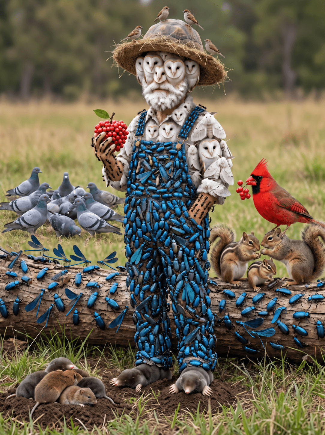 Surreal woodland character composed of animals and insects, version A