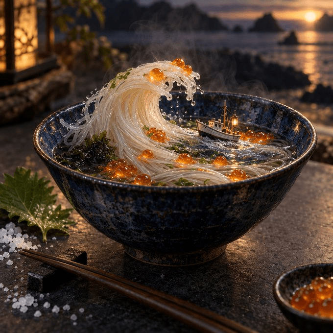 Noodle wave and miniature boat inside a blue ceramic bowl, version A