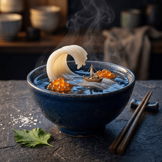 Noodle wave and miniature boat inside a blue ceramic bowl, version B