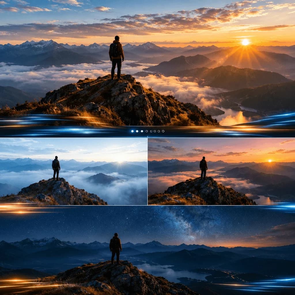 Mountain landscape variations with a lone figure under different skies and lighting