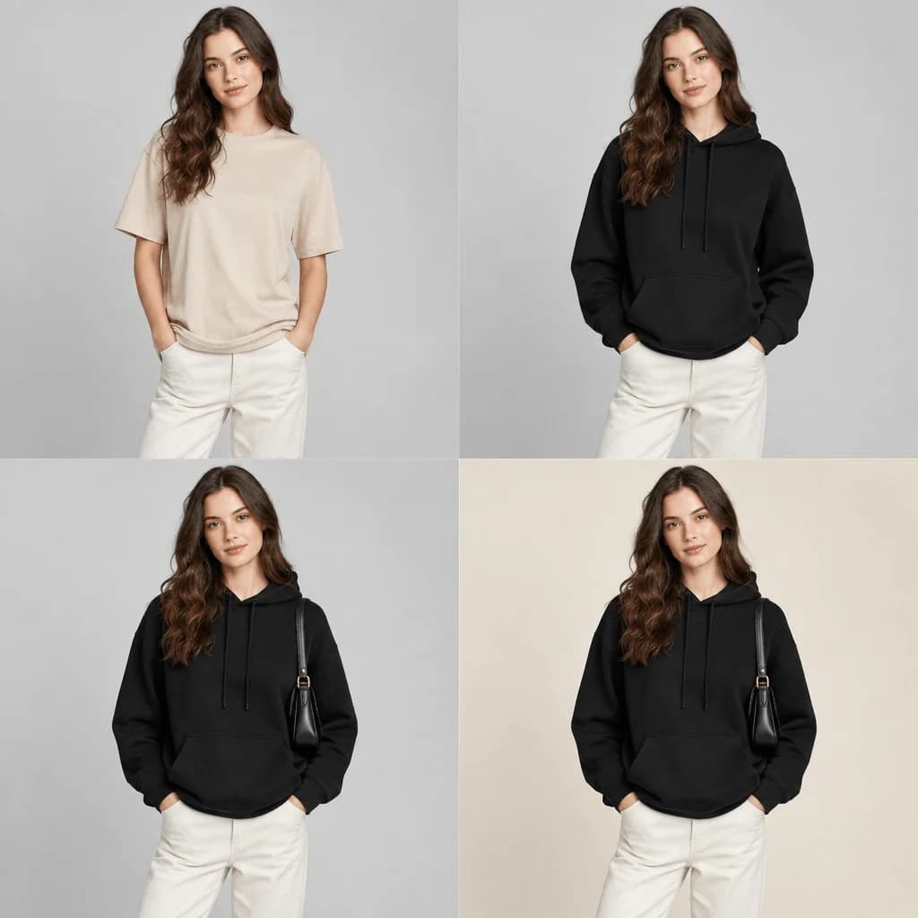 Four outfit variations showing changes to a model’s clothing