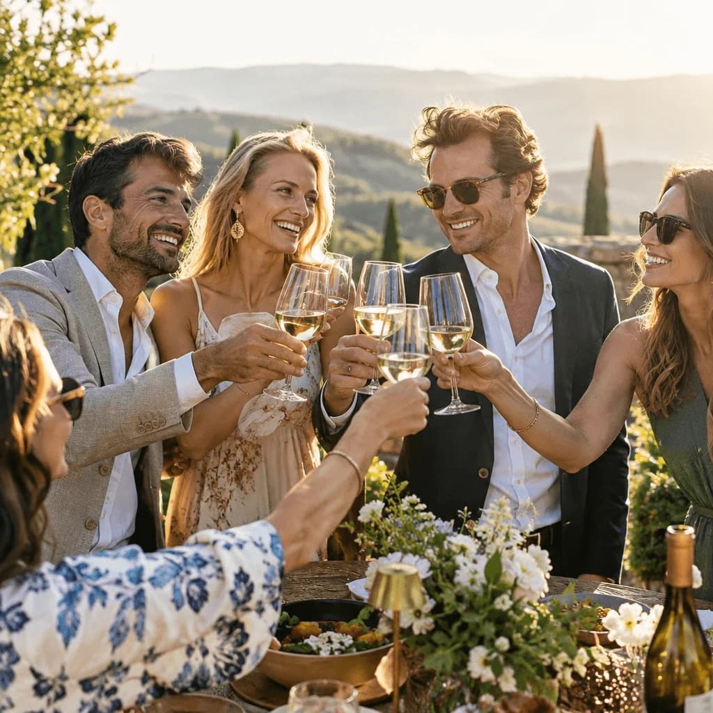 Friends gathered around an outdoor dinner table in warm evening sunlight