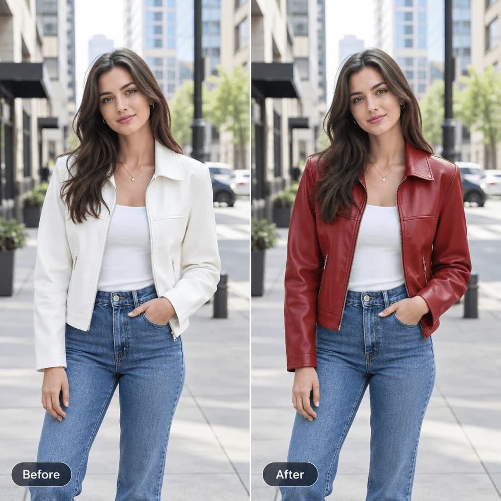 Side-by-side outfit example with a white jacket replaced by a red jacket