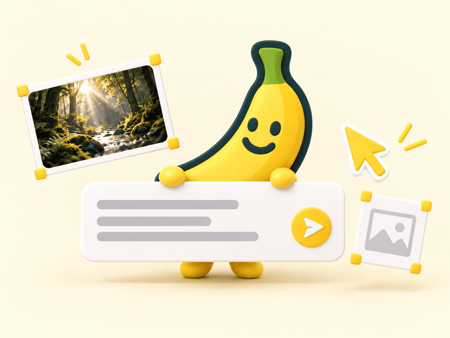 Smiling banana mascot entering a prompt with a reference image