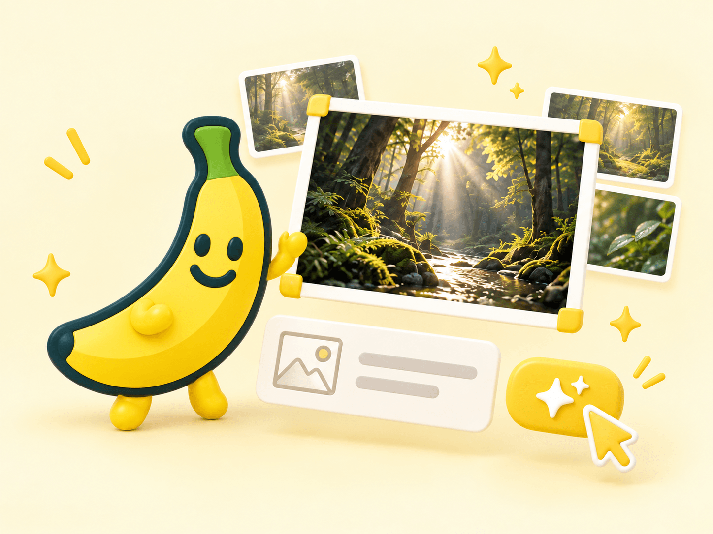 Smiling banana mascot generating a forest image and variations