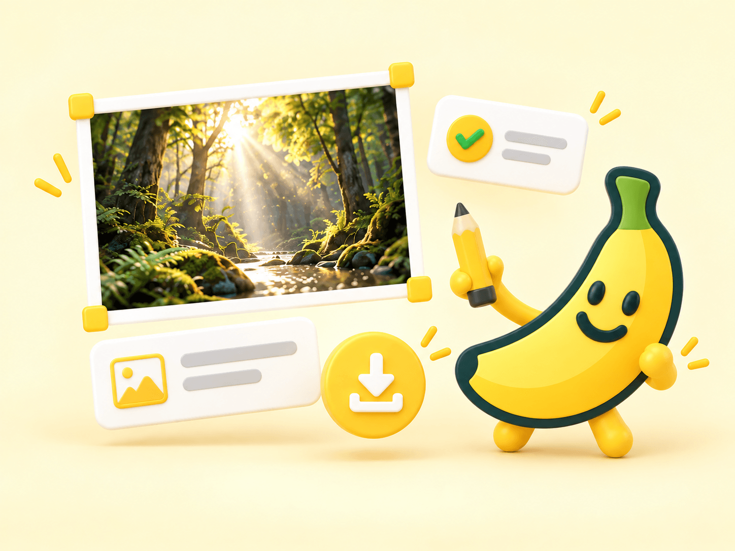 Smiling banana mascot refining an image with a pencil and download control