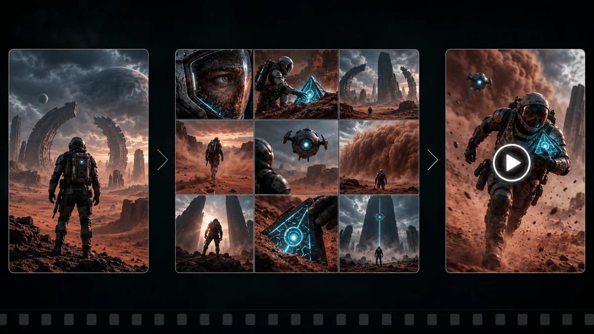 Cinematic concept board with character studies and science-fiction storyboard frames